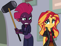 Size: 7600x5742 | Tagged: safe, artist:emeraldblast63, imported from derpibooru, sunset shimmer, tempest shadow, human, comic:the tale of two sunsets, equestria girls, absurd resolution, duo, duo female, equestria girls-ified, eyeshadow, female, frown, hammer, human sunset, makeup, story included, tempest shadow is not amused, unamused
