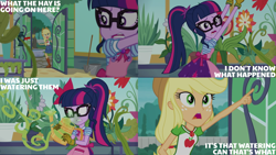 Size: 4400x2475 | Tagged: safe, edit, edited screencap, editor:quoterific, imported from derpibooru, screencap, applejack, sci-twi, twilight sparkle, human, equestria girls, equestria girls series, my little shop of horrors, greenhouse, shovel, watering can