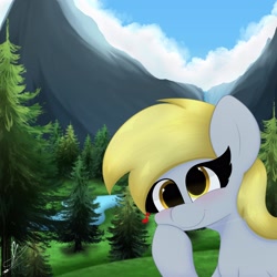 Size: 3000x3000 | Tagged: safe, artist:daftramms, imported from derpibooru, derpy hooves, pegasus, pony, cute, derpabetes, detailed background, fanart, mountain, scenery, solo