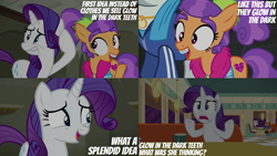 Size: 2000x1125 | Tagged: safe, edit, edited screencap, editor:quoterific, imported from derpibooru, screencap, mr. stripes, plaid stripes, rarity, earth pony, pony, unicorn, the saddle row review, big eyebrows, braces, clothes, confused, disgusted, duo focus, feather boa, jacket, raised hoof, raised hooves, restaurant, teeth, text, unnamed character