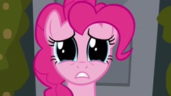 Size: 2560x1440 | Tagged: safe, imported from derpibooru, screencap, pinkie pie, earth pony, pony, a friend in deed, season 2, crying, cute, diapinkes, dilated pupils, looking at you, pinkie cry, sad, sadorable, solo