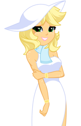 Size: 947x1472 | Tagged: safe, artist:rosemile mulberry, imported from derpibooru, applejack, human, equestria girls, alternate hairstyle, applejack also dresses in style, applejewel, bare shoulders, beautiful, blonde, bracelet, clothes, cute, diamond, dress, eyeshadow, female, freckles, grin, hat, jackabetes, jewelry, lipstick, looking at you, makeup, pink lipstick, rubbing arm, scarf, shoulder freckles, simple background, sleeveless, smiling, smiling at you, solo, sun hat, tomboy taming, updated design, white background, white dress