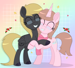 Size: 1216x1110 | Tagged: safe, artist:dyonys, imported from derpibooru, oc, oc only, pegasus, pony, unicorn, commission, female, flower, glasses, hoof polish, horn, hug, lesbian, mare, oc x oc, pegasus oc, rainbow background, rose, shipping, smiling, unicorn oc