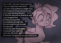 Size: 1004x715 | Tagged: safe, anonymous artist, imported from derpibooru, pipp petals, pegasus, pony, series:anorexic sunny, anorexia, crying, dialogue, female, floppy ears, folded wings, g5, implied sunny starscout, implied zipp storm, limited palette, offscreen character, raised hoof, solo, teary eyes, wings