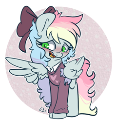 Size: 1828x1920 | Tagged: safe, artist:lou, imported from derpibooru, oc, oc only, oc:blazey sketch, pegasus, pony, blushing, bow, clothes, female, green eyes, grey fur, grin, hair bow, long hair, long tail, multicolored hair, nervous, nervous grin, pegasus oc, simple background, small wings, smiling, solo, sweater, tail, wings