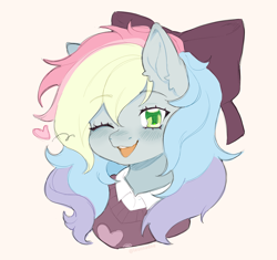 Size: 2843x2671 | Tagged: safe, artist:ieshnadne, imported from derpibooru, oc, oc only, oc:blazey sketch, pony, blushing, bow, bust, clothes, green eyes, grey fur, hair bow, long mane, multicolored hair, portrait, simple background, smiling, solo, sweater