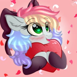 Size: 2048x2048 | Tagged: safe, artist:shoalstar, imported from derpibooru, oc, oc only, oc:blazey sketch, pony, blushing, bow, clothes, green eyes, grey fur, hair bow, hug, long mane, multicolored hair, pillow, pillow hug, simple background, smiling, solo, sweater