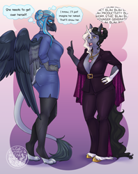 Size: 2131x2697 | Tagged: safe, artist:askbubblelee, imported from derpibooru, oc, oc only, oc:rio azura, oc:starling quartz, anthro, digitigrade anthro, griffon, unguligrade anthro, unicorn, absolute cleavage, anthro oc, big breasts, breasts, cleavage, clothes, commission, complaining, curved horn, digital art, ear piercing, earring, female, griffon oc, horn, jewelry, leonine tail, mare, milf, necklace, piercing, scolding, tail, thought bubble, unamused, unicorn oc, unshorn fetlocks, wings