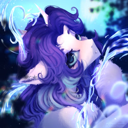 Size: 1280x1280 | Tagged: safe, artist:muna, imported from derpibooru, oc, oc only, pony, unicorn, blue eyes, blue mane, blushing, bubble, crepuscular rays, cute, digital art, female, flowing mane, horn, looking at you, magic, mare, ocean, open mouth, solo, sunlight, swimming, underwater, unicorn oc, unshorn fetlocks, water