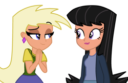 Size: 1888x1228 | Tagged: safe, artist:skyfallfrost, imported from derpibooru, human, equestria girls, chloe carmichael, clothes, design, digital art, duo, duo female, ear piercing, earring, eyelashes, female, humanized, jacket, jewelry, lipstick, multiverse, piercing, ship, shipping, simple background, the fairly oddparents, tootie, transparent background