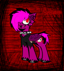 Size: 1308x1448 | Tagged: safe, artist:xxv4mp_g4z3rxx, imported from derpibooru, oc, oc only, oc:violet valium, bat pony, pony, :p, bat pony oc, clothes, collar, ear piercing, emo, fangs, female, folded wings, hoodie, looking up, mare, piercing, solo, spiked collar, tail, tongue out, torn clothes, torn ear, two toned mane, two toned tail, wings