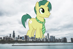 Size: 2048x1365 | Tagged: safe, artist:starryshineviolet, edit, editor:jaredking779, imported from derpibooru, dandy dispatch, pony, unicorn, background pony, chicago, giant pony, giant unicorn, highrise ponies, illinois, irl, macro, male, mega giant, necktie, photo, ponies in real life, smiling, solo, stallion, story included