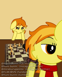 Size: 640x796 | Tagged: safe, imported from derpibooru, spitfire, oc, oc:solar flare, pegasus, pony, chess, chess piece, chessboard, duo, female, filly, foal, gaming, meme, photo, ponified meme, teenager, younger