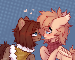 Size: 2500x2000 | Tagged: safe, artist:shelti, imported from derpibooru, oc, oc only, oc:owl, pony, clothes, colored pupils, commission, duo, heart, high res, looking at each other, looking at someone, signature, standing