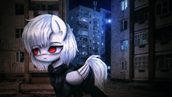 Size: 1280x720 | Tagged: safe, artist:menalia, imported from derpibooru, oc, oc only, oc:rimo, pegasus, pony, albino, building, city, clothes, female, folded wings, irl, jacket, lighting, looking at something, looking away, mare, night, outdoors, pants, photo, ponies in real life, red eyes, scarf, skyscraper, solo, street, uptown, walking, window, wings