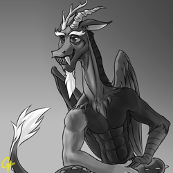 Size: 3000x3000 | Tagged: safe, artist:ctamina, imported from derpibooru, discord, draconequus, abs, eyebrows, folded wings, gigachad, gradient background, grin, high res, male, meme, mismatched wings, monochrome, muscles, signature, sitting, smiling, solo, wings