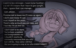 Size: 1119x703 | Tagged: safe, anonymous artist, imported from derpibooru, sunny starscout, earth pony, pony, series:anorexic sunny, anorexia, anxiety, bed, crying, dialogue, emaciated, female, floppy ears, g5, hospital bed, indoors, limited palette, lying down, mare, shaking, skinny, solo, starvation, teary eyes, thin