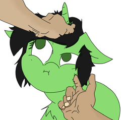 Size: 2480x2360 | Tagged: safe, artist:ponny, imported from derpibooru, oc, oc only, oc:filly anon, human, pony, unicorn, chest fluff, female, filly, hand, horn, human on pony petting, offscreen character, offscreen human, petting, pouting, scrunchy face, simple background, stroking, white background