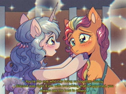Size: 2732x2048 | Tagged: safe, artist:pierogarts, idw, imported from derpibooru, izzy moonbow, sunny starscout, earth pony, pony, unicorn, spoiler:comic, spoiler:g5comic, spoiler:g5comic10, 90s anime, anime, bag, chromatic aberration, female, g5, high res, implied discord, mare, redraw, saddle bag, screencap reference, shipping fuel, subtitles