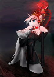 Size: 3508x4961 | Tagged: safe, artist:nergo, imported from derpibooru, alicorn, pony, blue eyes, bowtie, clothes, red glow, staff, thunderstorm, white