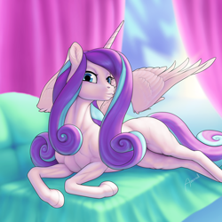 Size: 1500x1500 | Tagged: safe, artist:arareroll, imported from derpibooru, princess flurry heart, alicorn, pony, blank flank, couch, female, looking at you, lying down, mare, muscles, older, older flurry heart, partially open wings, prone, signature, solo, wings