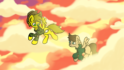 Size: 1920x1080 | Tagged: safe, artist:imlpidimon, imported from derpibooru, oc, pegasus, pony, clothes, cloud, digital art, dog tags, flying, hoodie, signature, sky