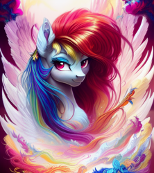 Size: 1024x1152 | Tagged: safe, generator:pony soup v2, imported from derpibooru, rainbow dash, pegasus, pony, abstract background, ai content, ai generated, bust, female, generator:stable diffusion, looking at you, mare, portrait, prompter:siber, solo