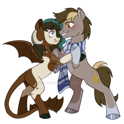 Size: 1280x1280 | Tagged: safe, artist:lynesssan, imported from derpibooru, oc, oc only, bat pony, earth pony, pony, clothes, deviantart watermark, female, male, mare, obtrusive watermark, scarf, simple background, stallion, striped scarf, transparent background, watermark
