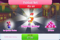 Size: 1270x857 | Tagged: safe, imported from derpibooru, bird, bundle, clothes, costs real money, english, folded wings, gameloft, gem, ice sculpture, lunar new year, mobile game, my little pony: magic princess, numbers, official, rooster, sale, solo, solo focus, text, wings