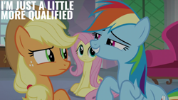 Size: 2000x1125 | Tagged: safe, edit, edited screencap, editor:quoterific, imported from derpibooru, screencap, applejack, fluttershy, rainbow dash, earth pony, pegasus, pony, non-compete clause, female, mare, school of friendship, trio, trio female