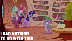 Size: 1920x1080 | Tagged: safe, edit, edited screencap, editor:quoterific, imported from derpibooru, screencap, cheerilee, spike, twilight sparkle, dragon, earth pony, pony, unicorn, the show stoppers, female, golden oaks library, male, mare, unicorn twilight