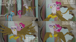 Size: 2000x1125 | Tagged: safe, edit, edited screencap, editor:quoterific, imported from derpibooru, screencap, gilda, pinkie pie, rainbow dash, earth pony, griffon, pegasus, pony, the lost treasure of griffonstone, female, flying, mare, trio, trio female