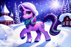 Size: 2304x1536 | Tagged: safe, generator:pony soup v2, imported from derpibooru, starlight glimmer, pony, unicorn, ai assisted, ai content, beautiful, clothes, cute, female, generator:stable diffusion, glimmerbetes, hat, house, looking at you, mare, pine tree, prompter:siber, raised hoof, scarf, scenery, smiling, smiling at you, snow, snowfall, solo, sun, tree, walking, winter