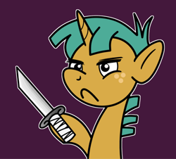 Size: 540x489 | Tagged: safe, artist:ewoudcponies, imported from derpibooru, snails, pony, unicorn, colt, dexterous hooves, foal, freckles, frown, knife, male, purple background, simple background, solo