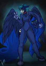 Size: 820x1180 | Tagged: safe, artist:stirren, imported from derpibooru, princess luna, oc, oc:azulito, alicorn, anthro, unguligrade anthro, clothes, collar, commission, cosplay, costume, disembodied head, fursuit, luna suit, peace sign, ponysuit, pose, spiked collar, spread wings, wings, ych result, your character here