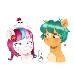 Size: 1080x1080 | Tagged: safe, artist:mango_moon190, imported from derpibooru, hitch trailblazer, zipp storm, bird, chicken, earth pony, pegasus, pony, alternate hairstyle, blushing, cute, duo, duo male and female, female, flower, g5, heart, hitchzipp, looking at someone, male, mare, pucca, shipping, simple background, smiling, stallion, straight, white background