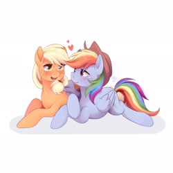 Size: 2048x2048 | Tagged: safe, artist:applesartt, imported from derpibooru, applejack, rainbow dash, earth pony, pegasus, pony, accessory swap, appledash, applejack's hat, blushing, cowboy hat, duo, female, folded wings, freckles, hat, heart, high res, lesbian, mare, shipping, signature, simple background, white background, wings