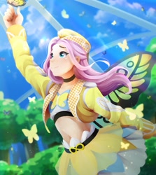 Size: 1829x2048 | Tagged: safe, artist:applesartt, imported from derpibooru, part of a set, fluttershy, butterfly, human, belly button, clothes, female, humanized, love live!, love live! sunshine!!, midriff, solo