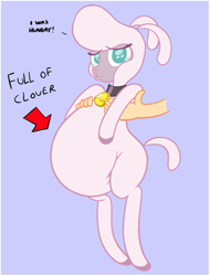 Size: 694x914 | Tagged: safe, artist:duragan, derpibooru exclusive, imported from derpibooru, lamb, sheep, them's fightin' herds, adorafatty, arrow, belly, big belly, community related, cute, disembodied hand, duckface, fat, food baby, full of pilk, hand, holding, holding a sheep, not pregnant, pom (tfh), puppy dog eyes, stuffed belly, talking to viewer