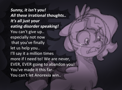 Size: 940x700 | Tagged: safe, anonymous artist, imported from derpibooru, pipp petals, pegasus, pony, series:anorexic sunny, anorexia, crying, dialogue, encouragement, female, floppy ears, folded wings, g5, gritted teeth, implied sunny starscout, limited palette, mare, raised hoof, solo, teary eyes, teeth, wings