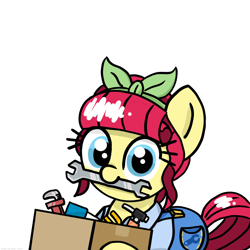 Size: 2048x2048 | Tagged: safe, artist:super-dead, imported from derpibooru, torque wrench, earth pony, pony, atorqueable, box, clothes, cute, female, looking at you, mouth hold, simple background, solo, toolbox, white background