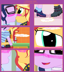 Size: 1808x2039 | Tagged: safe, artist:thomaszoey3000, imported from derpibooru, sci-twi, sunset shimmer, twilight sparkle, human, comic:a shimmering twilight, equestria girls, blushing, clothes, female, kiss on the lips, kissing, lesbian, scitwishimmer, shipping, sunsetsparkle, text