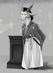 Size: 1203x1638 | Tagged: safe, artist:plusplus_pony, imported from derpibooru, discord, draconequus, clothes, grayscale, kimono (clothing), male, monochrome, ryoma sakamoto, sensei, solo, sword, teacher, weapon