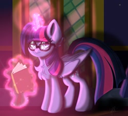 Size: 1804x1644 | Tagged: safe, artist:yourpennypal, imported from derpibooru, twilight sparkle, alicorn, pony, book, chest fluff, female, folded wings, glasses, glowing, glowing horn, horn, levitation, magic, magic aura, mare, solo, telekinesis, twilight sparkle (alicorn), twilight's castle, wings