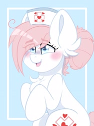 Size: 1200x1600 | Tagged: safe, artist:yourpennypal, imported from derpibooru, nurse redheart, earth pony, pony, abstract background, blushing, chest fluff, cute, ear fluff, eye clipping through hair, female, hair bun, hat, heartabetes, mare, nurse, nurse hat, open mouth, open smile, smiling, solo