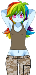 Size: 602x1253 | Tagged: safe, artist:edy_january, artist:zakro, imported from derpibooru, rainbow dash, human, equestria girls, equestria girls series, 20% cooler, base, base used, belly button, breasts, busty rainbow dash, camouflage, clothes, free to use, link in description, marine, marines, military uniform, sexy, simple background, small breasts, solo, tanktop, tomboy, transparent background, uniform, united states, usmc, wide hips