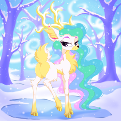 Size: 2500x2500 | Tagged: safe, artist:rurihal, imported from derpibooru, part of a set, princess celestia, deer, reindeer, antlers, butt, chest fluff, cloven hooves, deerified, deerlestia, ear fluff, female, ice, lidded eyes, looking at you, plot, raised leg, reindeerified, scenery, snow, snowfall, solo, species swap, sunbutt, tree, winter