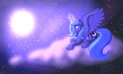 Size: 1500x900 | Tagged: safe, artist:yourpennypal, imported from derpibooru, princess luna, alicorn, pony, cloud, female, full moon, glowing, glowing horn, horn, lying down, moon, night, night sky, prone, s1 luna, shooting star, sky, solo