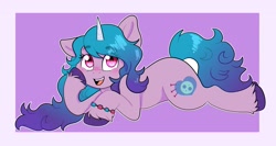 Size: 3159x1684 | Tagged: safe, artist:yourpennypal, imported from derpibooru, izzy moonbow, pony, unicorn, bracelet, colored hooves, female, friendship bracelet, g5, high res, jewelry, looking at you, lying down, mare, open mouth, open smile, outline, passepartout, prone, smiling, smiling at you, solo, supporting head, unshorn fetlocks, white outline