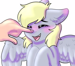 Size: 2500x2200 | Tagged: safe, artist:yourpennypal, imported from derpibooru, derpy hooves, human, pegasus, pony, boop, cute, derpabetes, eyes closed, female, hand, laughing, offscreen character, open mouth, open smile, simple background, smiling, solo focus, white background